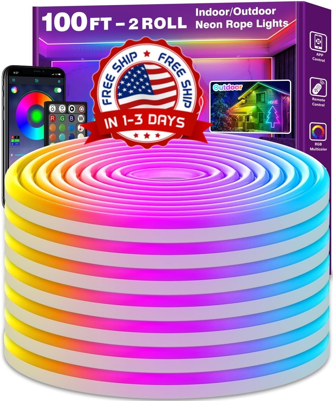 Tira De Luz De Neón Iluminación De Luces De Cuerda De Tubo De Neón 100 Ft NUEVO