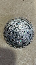 Vintage Aztec Calendar Pendant Brooch Sterling Mexico Abalone Paua Inlay