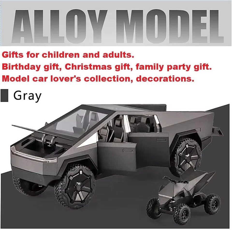 1/24 Tesla Alloy Toy Truck Model Diecast Metal Off-Road Car & Small Motorcycle - Image 4 of 4