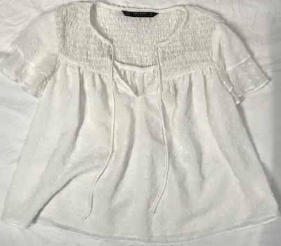 Zara Basic White Swiss Dot  Babydoll Ruffle Short Sleeve Tie Neck Blouse XS