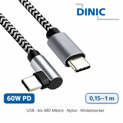 USB C Kabel 90° gewinkelt 60W PD DINIC Nylon Ladekabel USB-C auf C 0,15 1m grau
