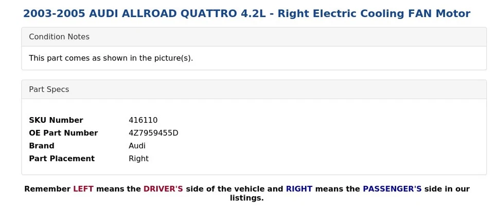 AUDI ALLROAD QUATTRO 2003-2005 4,2 L - Motor ventilador eléctrico derecho Foto 3 de 4