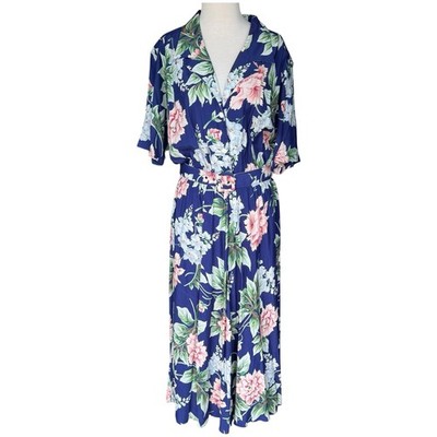 Carol Anderson Blue Floral Maxi Dress Front Back Pleats Belted Short Sleeve 12