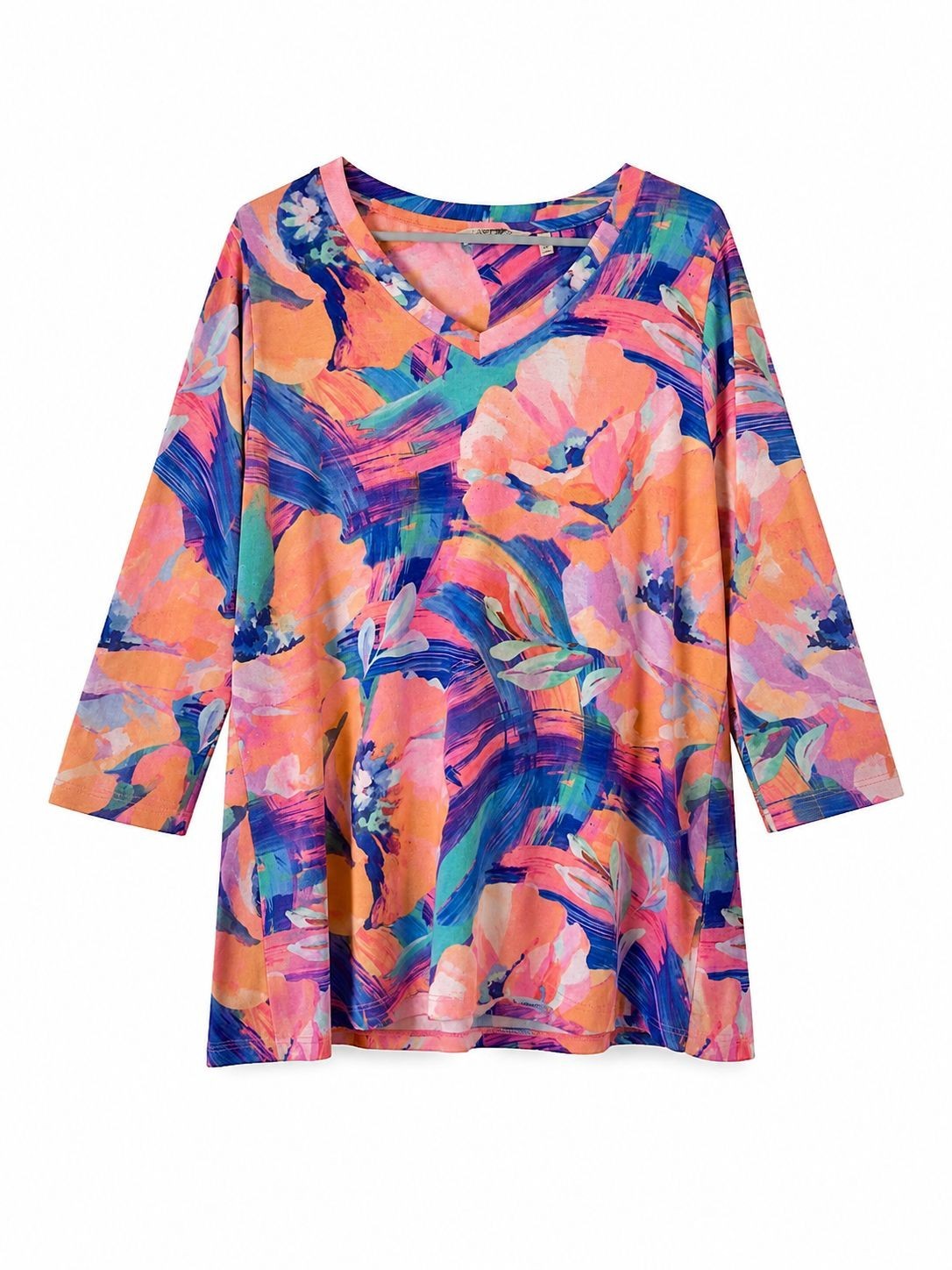 Soft Surroundings Plus 2X Floral Print V-neck Blouse Tunic Top Multicolor