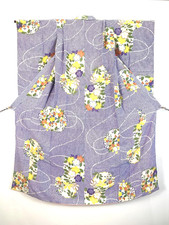 MINT Vintage Japanese Silk Kimono Mensha Chirimen Purple XS 55in Petite Japan