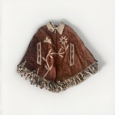 Vintage 60's 70'S Suede Leather Cape Poncho Boho Hippie Floral Mexico Ideal Zip