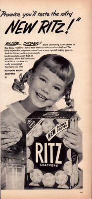 RITZ Crackers Cute Girl with Braids Child Nifty Taste Vintage Print Ad 1953