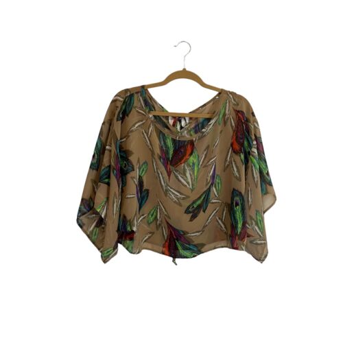 Womens Sheer Peacock Feathers Tan Wide Sleeve Tie Back Crop Top Size XL