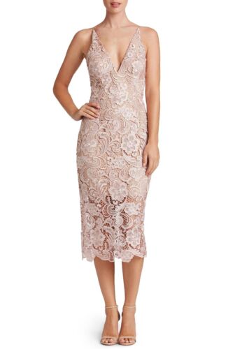 DRESS the POPULATION Nude Pink Marie Lace Sheer Hem V-Neck Sheath Midi L = 8/10