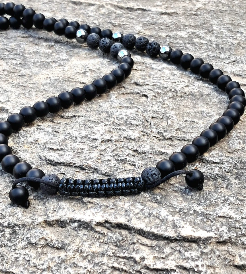 Herren Perlenkette Schwarz Onyx Lava Stein Kreuz Hämatit Geschenk - Bild 2 von 4