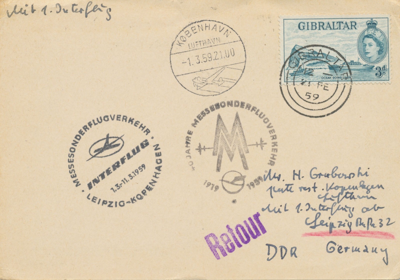 GIBRALTAR 1959 LH and INTERFLUG VF Special Exhibition Flight LEIPZIG-COPENHAGEN