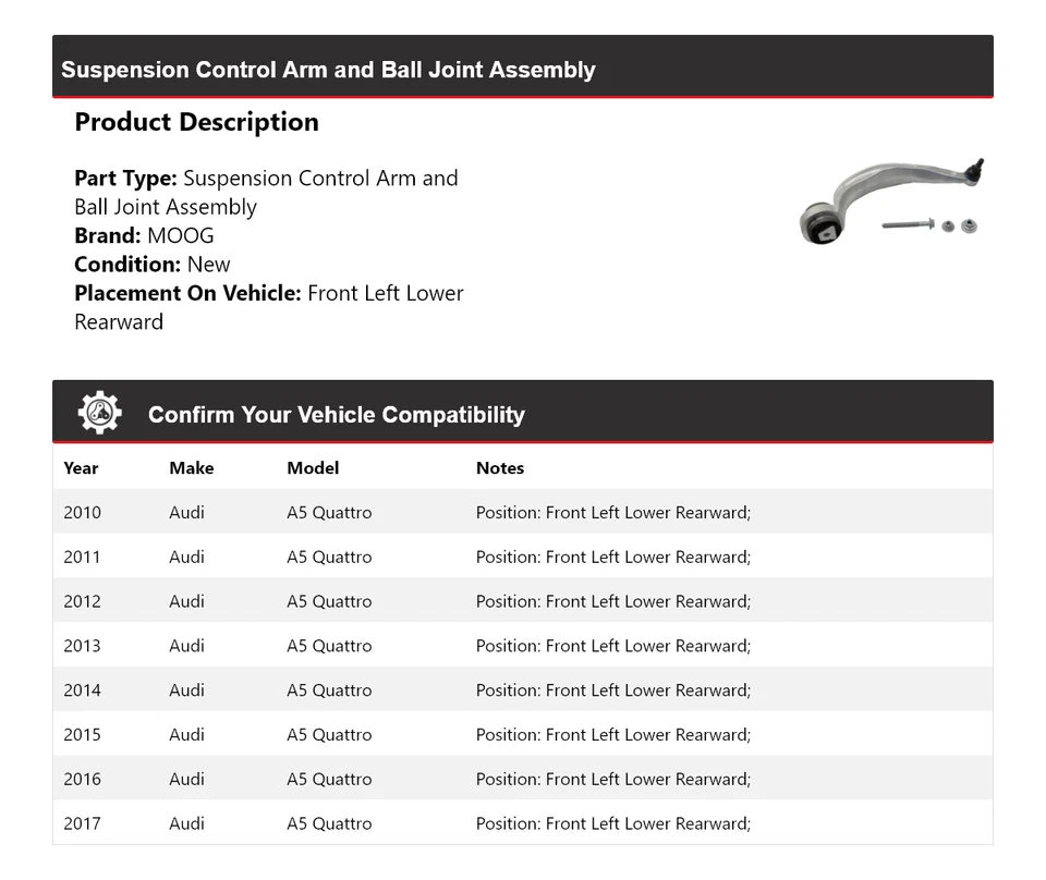 Para 2010-2017 Audi A5 Quattro braço de controle dianteiro esquerdo inferior traseiro MOOG 2010 - Imagem 2 de 4