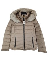 Dkny Womens Fur Hooded Short Puffer Jacket Thistle Taupe Uk 10 (s)