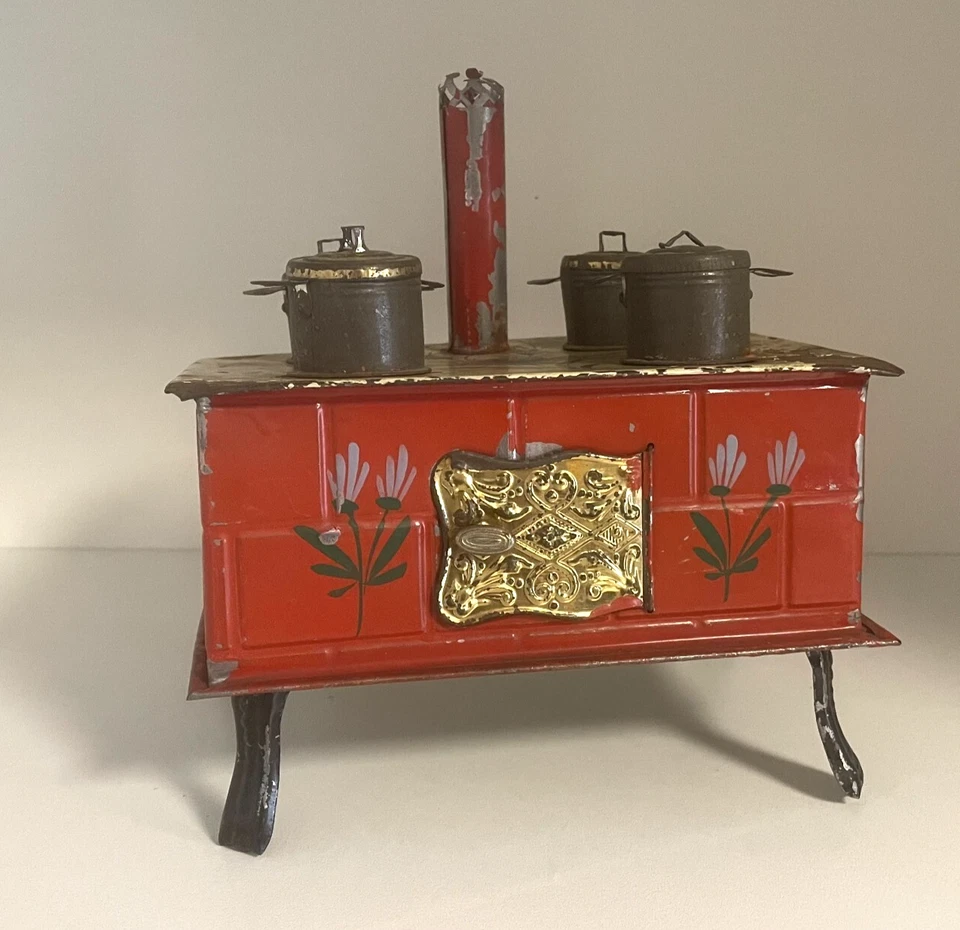 JOUET ANCIEN - TRES JOLIE CUISINIERE EN TOLE - DECOR FLEURI - CUISINE DE POUPEE - Photo 2/4