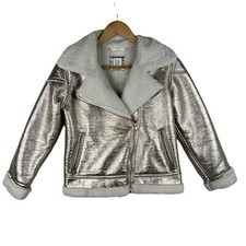 Gap Kids Jacket Coat Girls XL Light Gold Metallic Moto Sherpa Lined