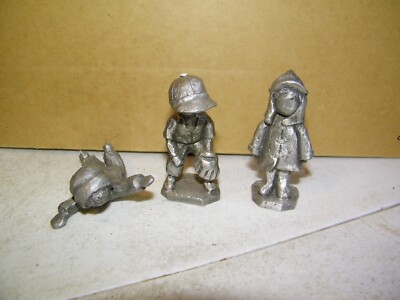 Vintage 3 WALLI PEWTER Figurines  Girl In Raincoat, Baseball Boy, Sledding Child