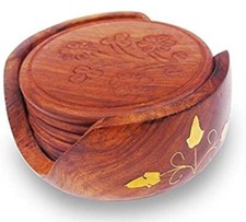 Hand Carved Wooden 6 pc Coaster Set w/ Brass Inlaid Holder