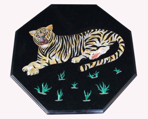12-Inch Black Marble Side Table with Exquisite Pietra Dura Inlay Art for Home Decor