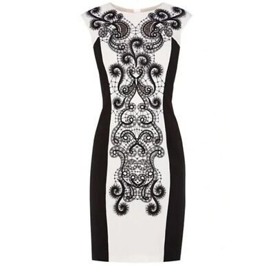 Womens Size Karen Millen Black White Embroidered Illusion Wiggle Pencil  Dress