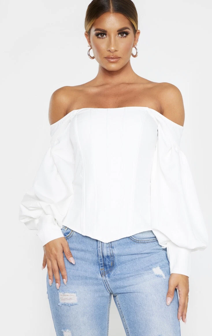 womens Ladies Pretty Little Thing White Bardot Balloon Sleeve