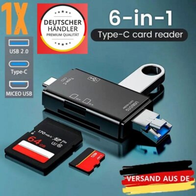 6 in 1 Kartenleser USB A 3.0 Hub SD/TF Micro USB  OTG Typ C  Handy/Laptop/Tablet