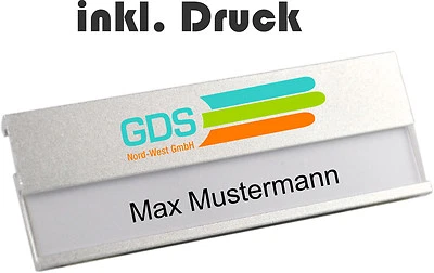 SCHMALZ® Namensschild Aluminium, silber, 70x25 mm inkl.Logoaufdruck Magnet Nadel/Clip