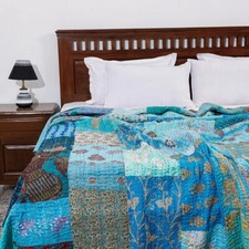 Handmade Silk Patchwork Quilt Indian Kantha Quilt Bed Cover Boho Throw Blanket