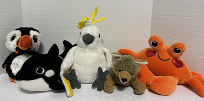 Set of 5 Misc. Stuffed Plush Orange Crab/ Orka Whale/Cockatoo/Toucan Bird/Wolf 