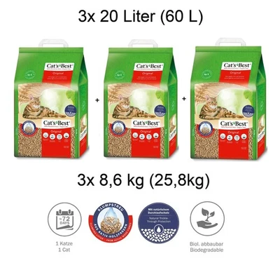 Cat's Best Original Katzenstreu 3x 8,6 kg (3x20L) 100% pflanzlich klumpend