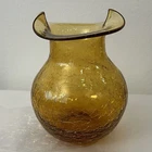Vintage Blenko Amber Crackle Glass Vase 4.5” Hand Blown Mid Century MCM