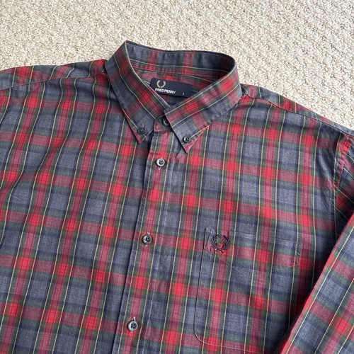 FRED PERRY Langarm Karohemd rot grau grün Herren Große L Mod 60s Klassiker
