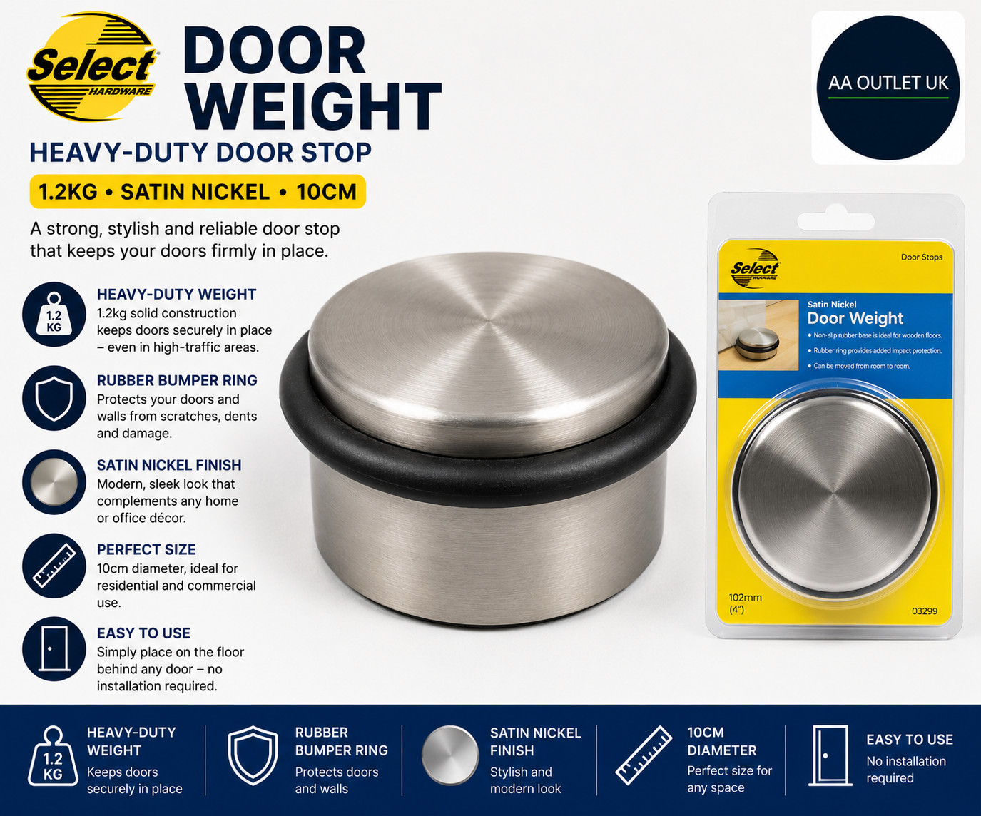 Select Hardware Door Weight 1.2kg Heavy Duty Door Stop Bumper Rubber Buffer