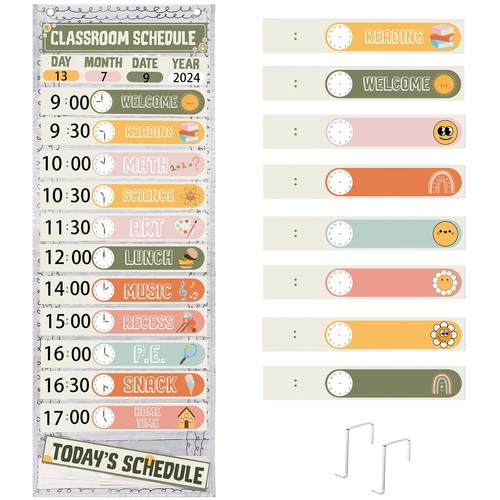 Daily Schedule Pocket Chart 13+1 Pockets 21 Reusable Cards 13x36 Inch Retro