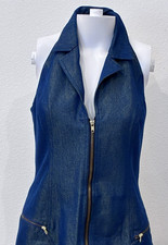 David Meister Y2K Metallic Denim Halter Dress Zip Front USA Made Size 6 Rare