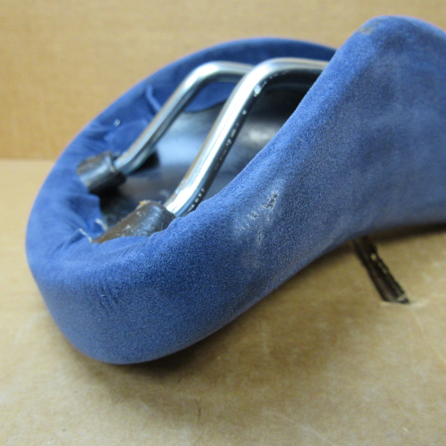 New-Old-Stock Blue Mundialita Saddle with Faux Suede Cover...Cosmetic Blemishes