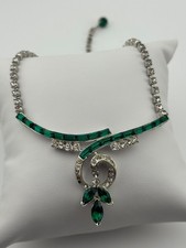 Vintage Coro Signed Green and Clear Rhinestone Silver Tone Necklace READ