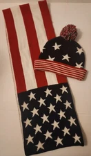 American Flag Knit Hat & 5' Scarf 2pc set Red White & Blue Stars USA Patriotic 