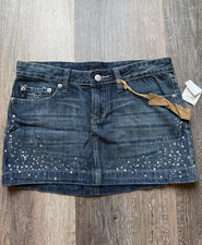NWT Vintage Refuge Denim Rhinestone Mini Skirt Size 5 Med Wash 00's y2k skirt