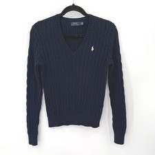 Polo Ralph Lauren Cable Knit Sweater Women M Navy Blue Preppy Old Money Cotton