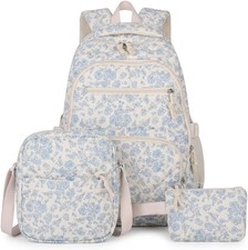 Floral Quilted Backpack 3pcs Set for Women, Cute Kawaii Daypack Blue 
