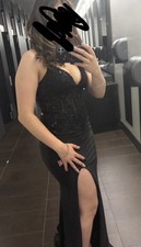VIP Women’s Size 6 Black Sequin V-Neck Strappy Long Formal Gown Side Slit