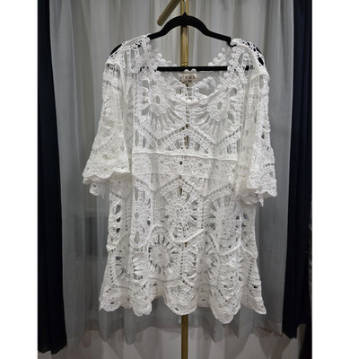 POL white crochet tunic blouse 3/4 sleeve round neck floral pattern one size