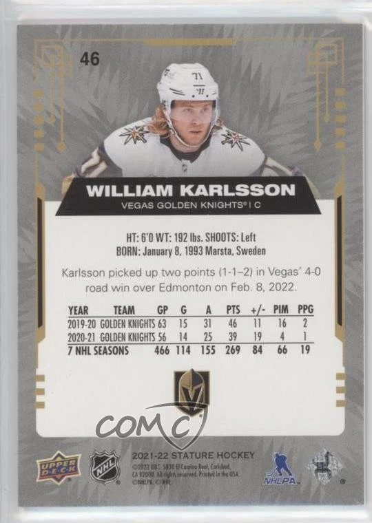 2021-22 Upper Deck Stature Green Photo Variant /66 William Karlsson #46 - Image 2 of 2