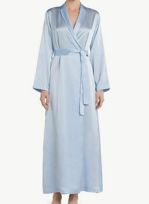 La Perla Azure Blue Silk Wrap Long Robe M Classic MISSING BUTTON
