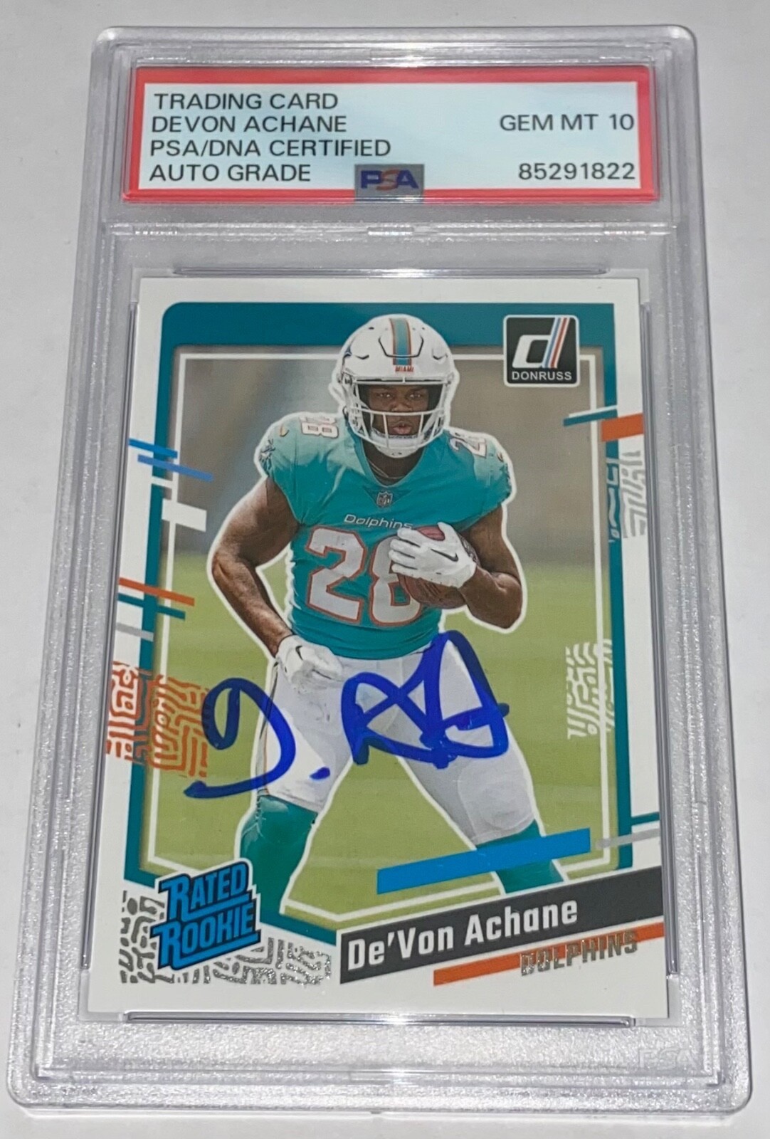 De'Von Achane Signed 2023 Donruss Rated Rookie RC #365 PSA 10 Auto Gem