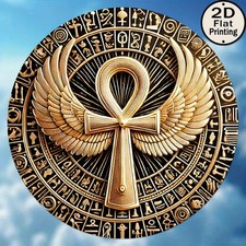 Vintage Egyptian Ankh Winged Disk Round Tin Metal Signs Home Décor 8x8