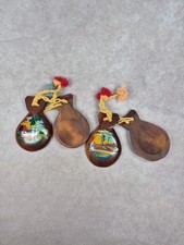 2 Pairs of Wooden Castanets Hand Painted Carved Palm Trees  Ship