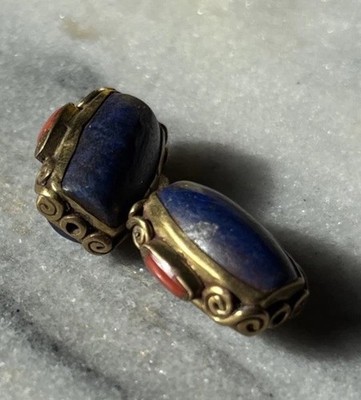 2pcs Tibetan Lapis Lazuli Brass Banded Coral Inlays Handmade 20x15mm CC528