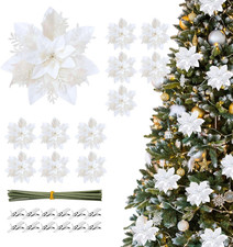 12 Pcs White Poinsettia Christmas Ornaments Glitter Flower Picks Tree Decor