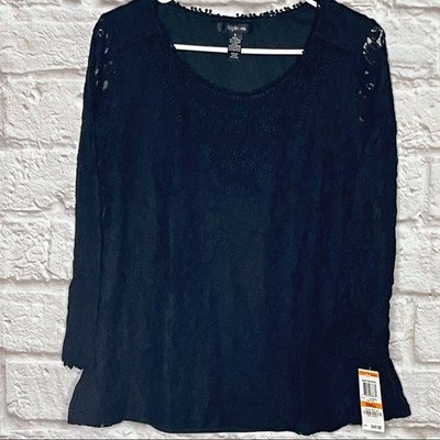 NWT Style & Co Women's Black Top Lace Two Layer Blouse Size Small